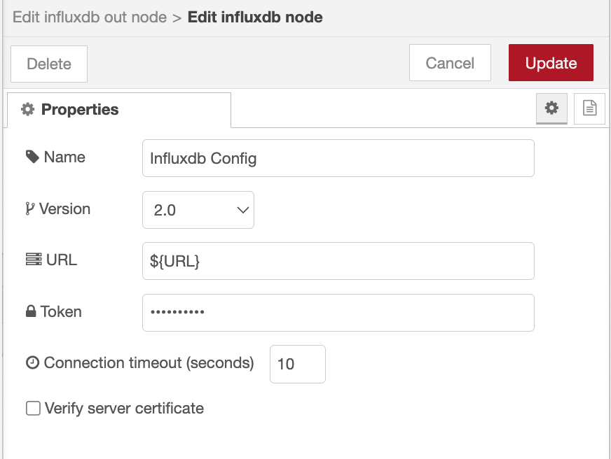 The influxdb node configuration with URL and version fields