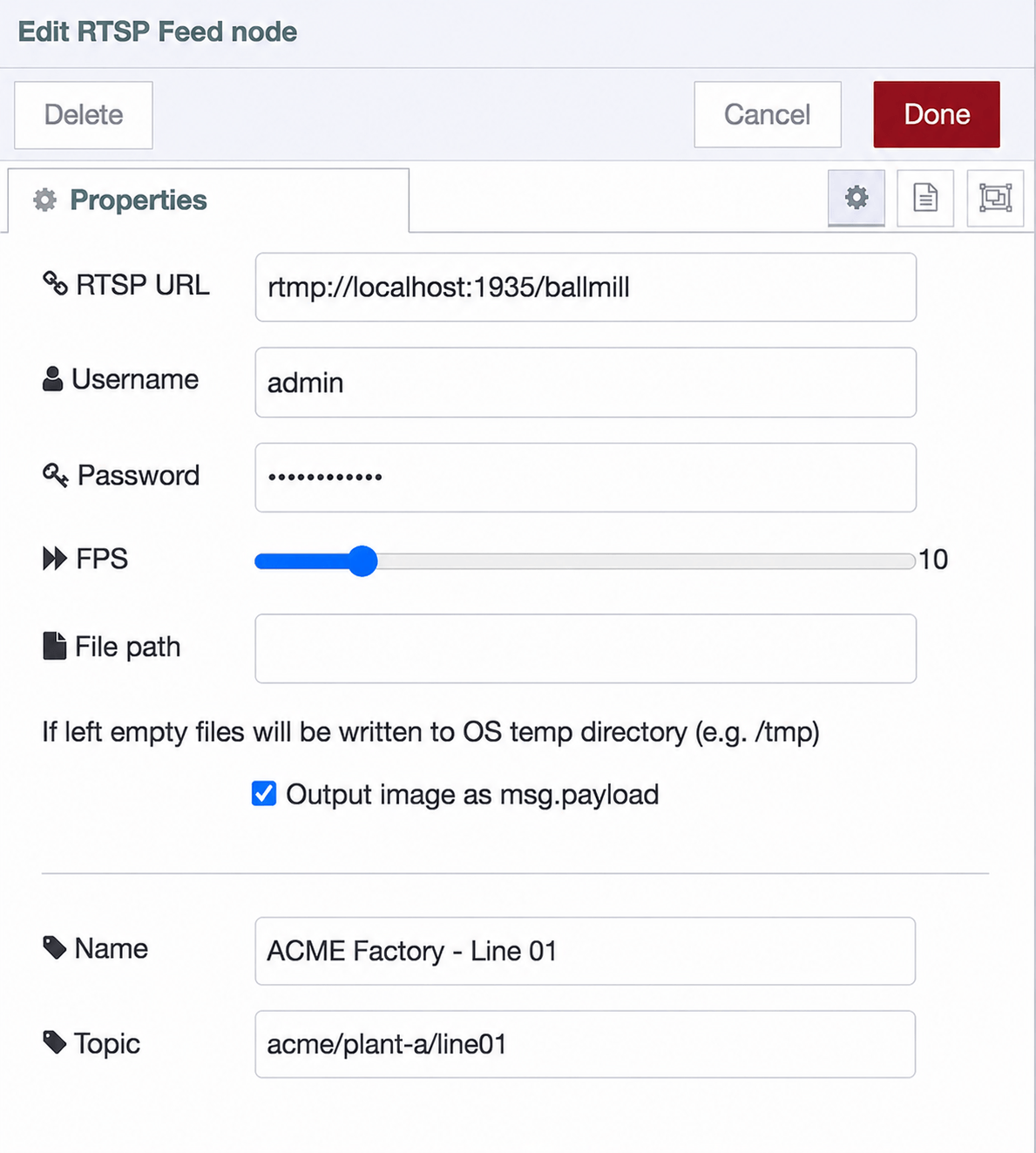 RTSP Video Feed node settings panel showing the RTSP URL, Username, Password, FPS, File path, and Output image fields